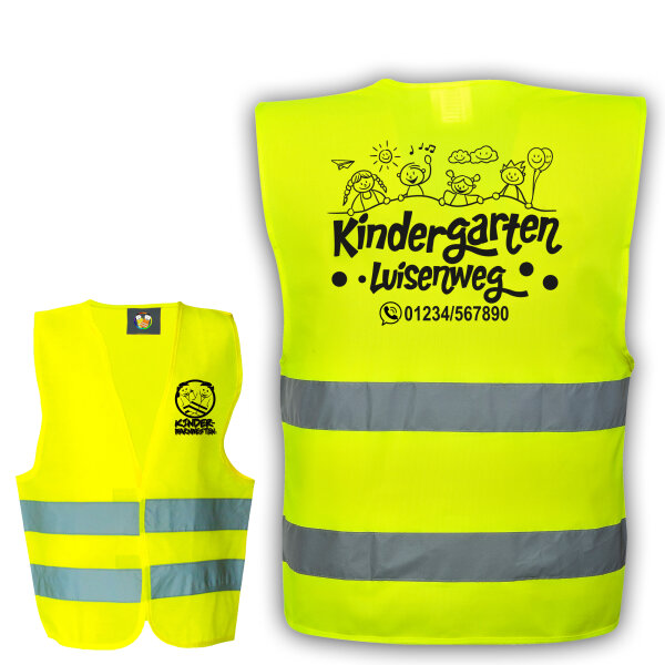 Kindergarten Warnweste Neongelb mit Logo Aufdruck viele Druckflächen  Sponsoring