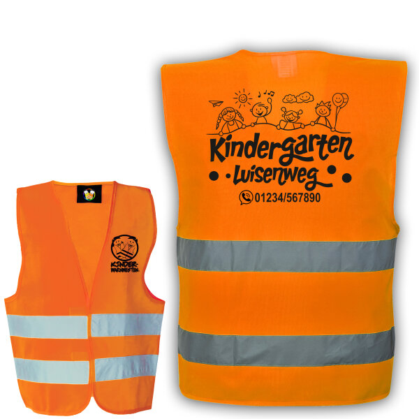 Kindergarten Warnweste Neonorange mit Logo Aufdruck viele Druckflächen Sponsoring